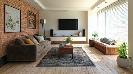 Fototapeta premium A luminous small apartment living room with an elegant TV setup, comfortable seating, and clean, open space, perfect for relaxation.