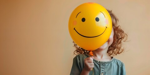 A child holds a yellow balloon with a smiley face in his hand