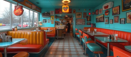 Retro diner interior with teal walls, red vinyl booths, and vintage signage.