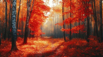 Fototapeta premium Forest glade with vibrant red and orange leaves