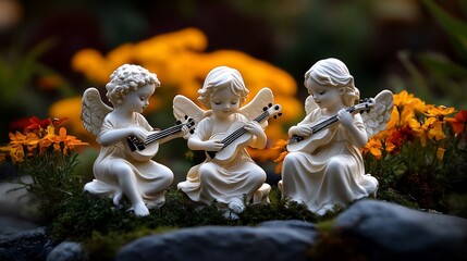 Three cherubic angels with wings playing guitars in a garden setting.