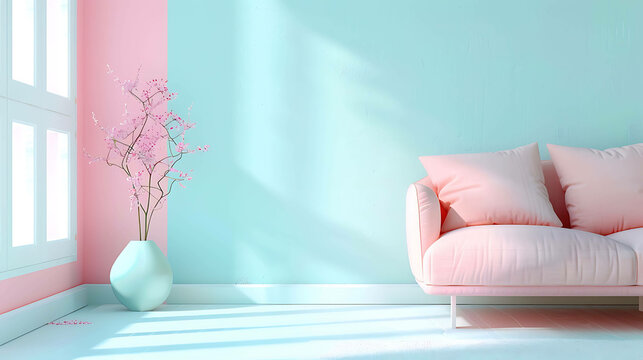 The image is a 3D rendering of a living room. The room has a pink and blue color scheme. There is a pink sofa, a blue vase, and a plant in the room.