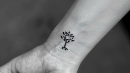 Obraz premium A black and white image of a small, delicate lotus flower tattoo on a woman's wrist.