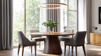 Obraz premium A modern dining area with a round wooden table