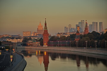Pre-dawn hour in the center of Moscow. The Moscow River, the Moscow Kremlin.