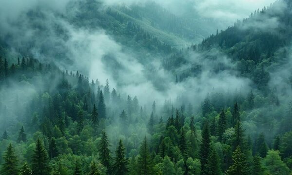 A beautiful landscape with fir trees and mountains buried in fog.