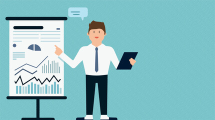 A Caucasian man standing while his hand pointing to the tablet to do his office presentation