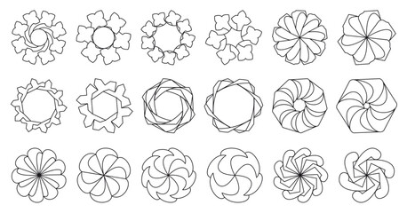 A set of round ornaments in black color. Geometric frames on a white background. Border is made of lines. Circle or logo shapes. Vector design templates for invitations and greeting cards. 