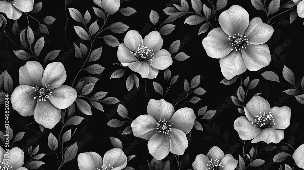 Poster a refined black background with a simple, elegant floral pattern in soft gray, creating a sophistica
