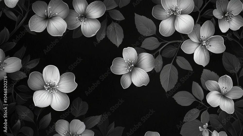 Poster a refined black background with a simple, elegant floral pattern in soft gray, creating a sophistica