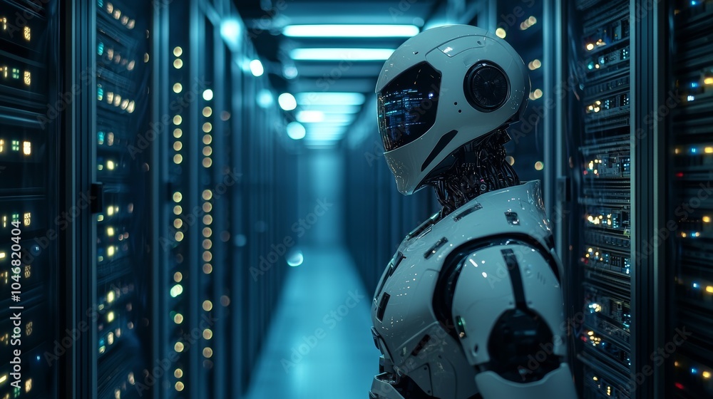 Poster robot in data center interacting with technology