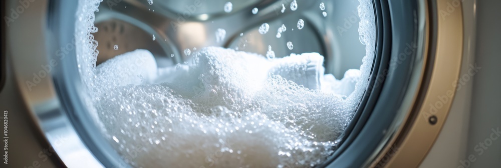 Poster bubbling water and soap surround white towels in a washing machine drum, highlighting the laundry pr