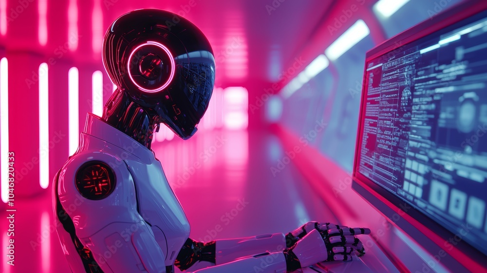 Poster futuristic robot interacting with digital interface