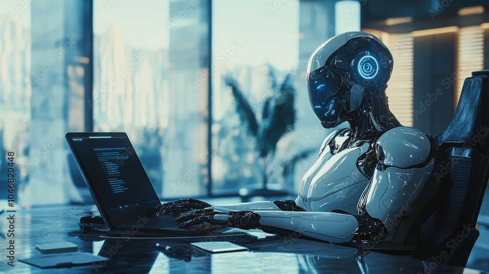 Poster futuristic robot working at a computer desk