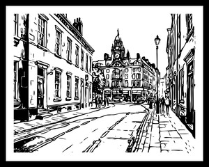 City Architecture. Black and white line art. Pattern to print for wall decorations