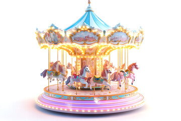 Fototapeta premium Whimsical Carnival Carousel Isolated on White Background. Colorful Carousel 3D Render 