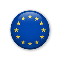 Realistic glossy button with flag of European Union. 3d vector element with shadow. Best for mobile apps, UI and web design.