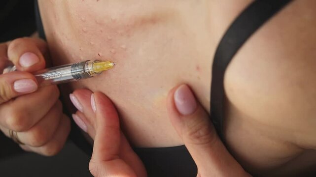 Woman performing mesotherapy, bio revitalization procedure, injecting medecine in her neck and face. Cosmetics