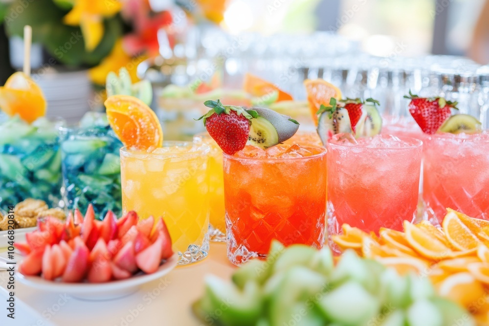 Aufkleber Colorful cocktails with fruit garnishes are beautifully displayed with an array of snacks, creating a festive and vibrant atmosphere. Generative AI