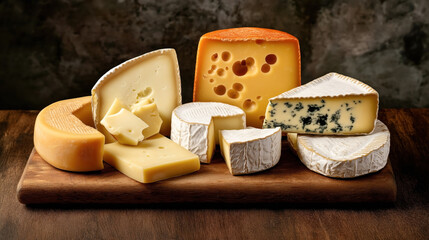 Assorted cheeses on a wooden board, including blue cheese, Brie, Camembert, Emmental, Gouda, and others, with varied textures and colors.