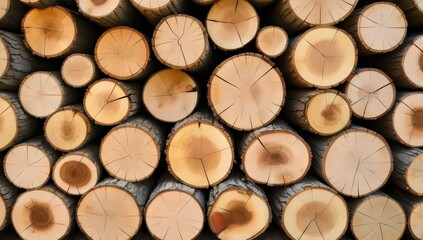 close-up view of a stack of cut logs showing circular tree rings indicating age and growth history with varying sizes and shades