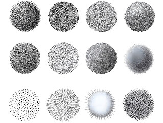 Abstract set of black stipple spray circle, dotted monochrome elements isolated on white background. Dissolving points, noise gradient	