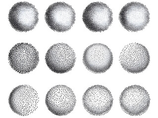 Abstract set of black stipple spray circle, dotted monochrome elements isolated on white background. Dissolving points, noise gradient	