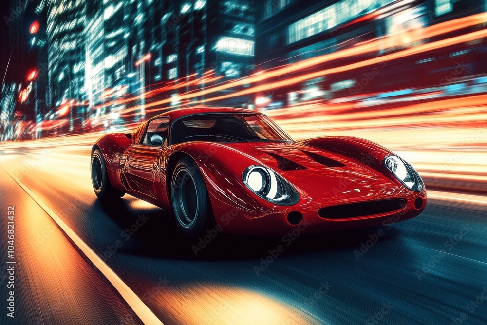 Wall mural a red vintage sports car speeding through a city at night with blurred lights.