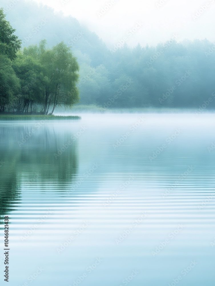 Aufkleber the stillness of a serene lake is enhanced by gentle mist rising, with trees softly visible near the