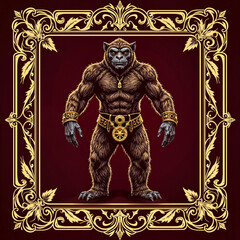 Fototapeta premium Muscular werewolf in decorative frame on maroon background