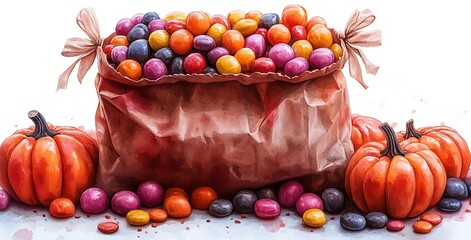  Bag of Candy Surrounded by Cheerful Pumpkins