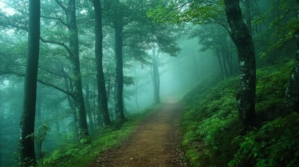 Obraz premium Forest path with a foggy morning mist