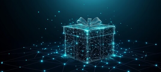 Abstract Low Poly Gift Box with Bow on a Blue Technological Background. Wireframe Design.