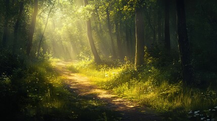 Fototapeta premium Forest path with dappled sunlight