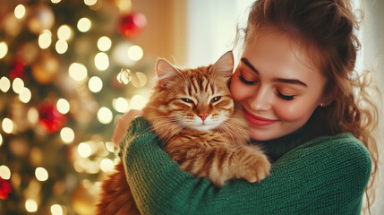 Young woman holds a fluffy cat in her arms, surrounded by Christmas decorations. Heartwarming and perfect for the holidays!