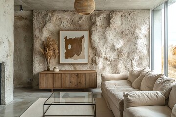 A modern Scandinavian interior in the living room with minimalist, rough-finished white walls and sofas and wood cabinets. Generative AI
