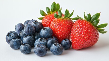 A striking image of fresh strawberries and blueberries on a plain white backdrop, capturing the idea of wholesome nutrition and healthy choices.