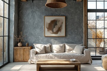Minimalist, Scandinavian interiors in living rooms with art frames hanging on gray walls with rough finishes and sofas and wood cabinets. Generative AI
