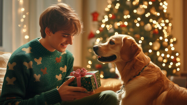 Young man gives hir dog retriver a present sitting in a cozy living room with a festive Christmas atmosphere.