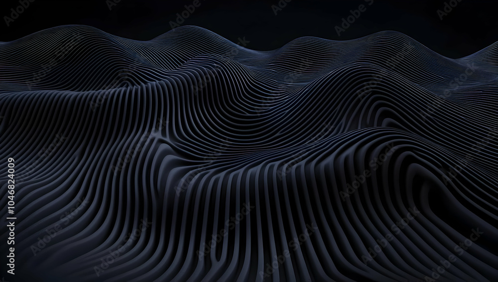 Poster abstract waves with intricate lines creating a sense of depth and movement in a dark environment. bl