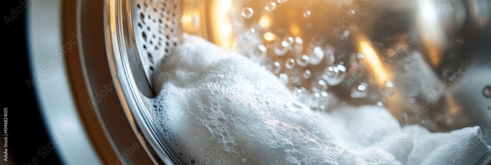 Aufkleber washing machine drum is packed with white towels soaking in soapy water, indicating a laundry cycle 