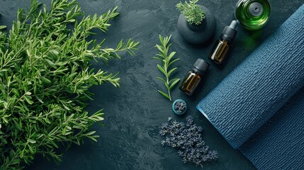 A tranquil setup with a yoga mat, essential oils, and a plant on a clear black background, highlighting the connection between aromatherapy and wellness practices.