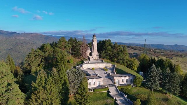 Sunset Aerial View Over Mateias Mausoleum and Peaks, Arges County, Romania