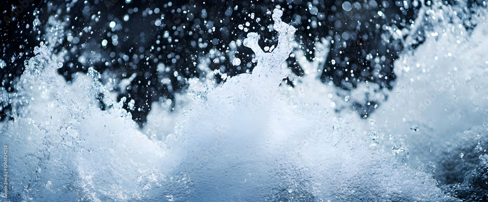Poster a close-up of water splashing, capturing dynamic movement and energy. black and white background ima