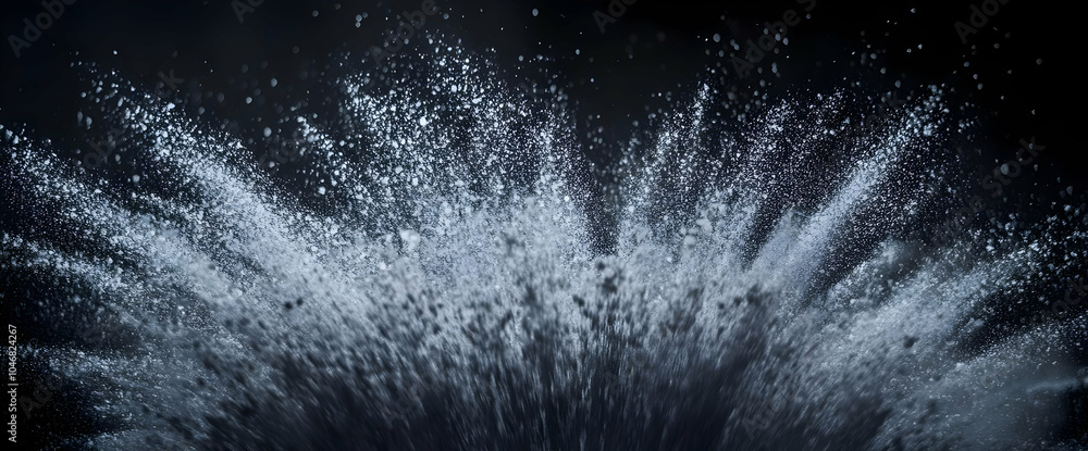 Poster a dynamic splash of water creating an explosive visual effect against a dark background. black and w