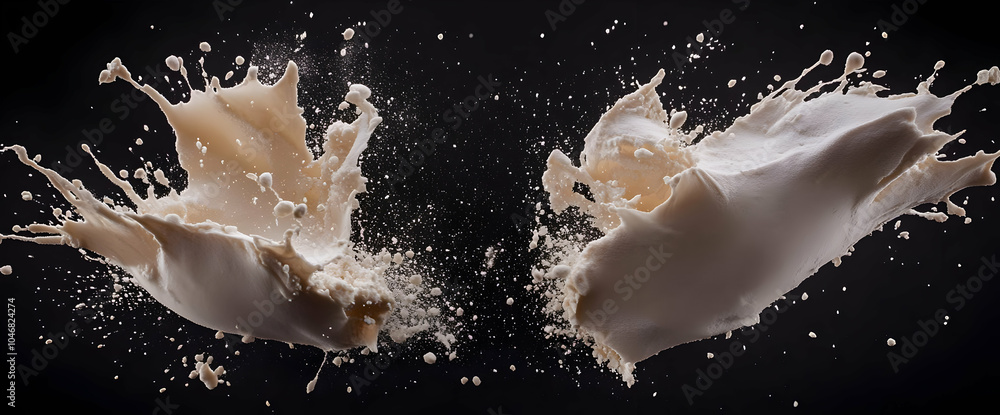Poster dynamic splash of milk creating an artistic visual effect against a dark background. black and white