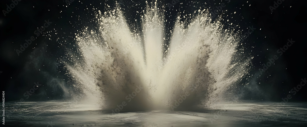 Poster a dramatic explosion of dust and particles against a dark background, creating a striking visual eff