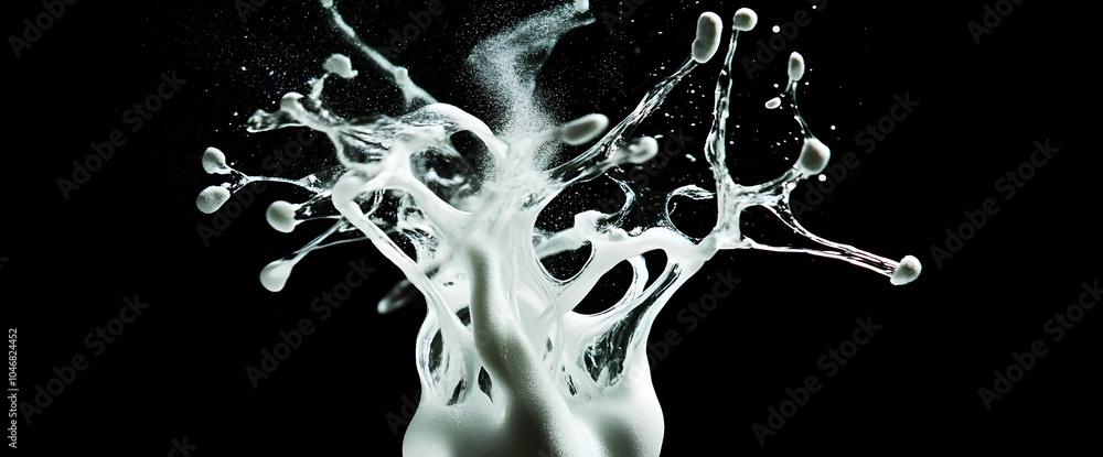 Poster a dynamic splash of liquid, showcasing motion and fluidity against a dark background. black and whit