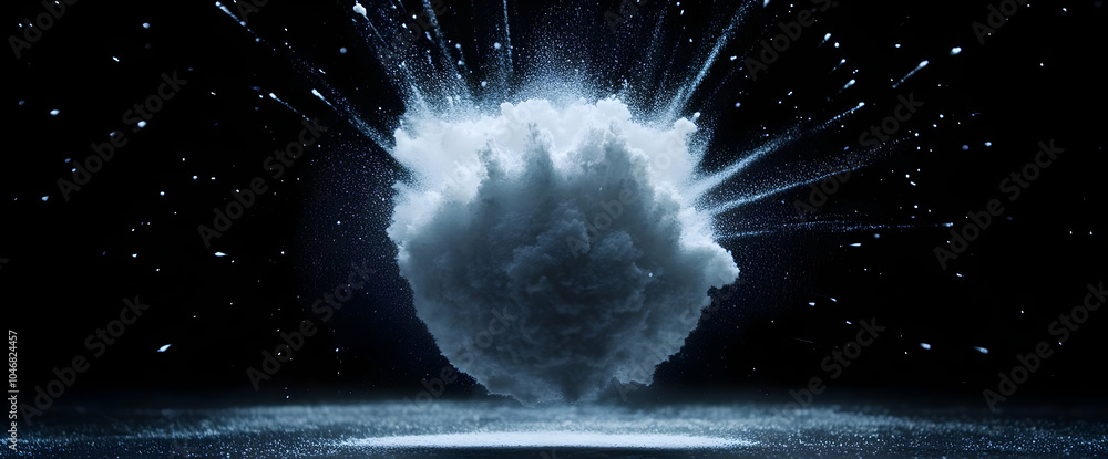 Poster a dramatic explosion of clouds against a dark background, creating a striking visual effect. black a