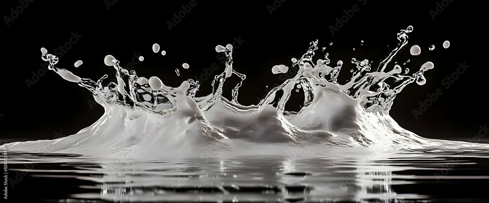 Poster a splash of liquid creating dynamic shapes against a dark background. black and white background ima